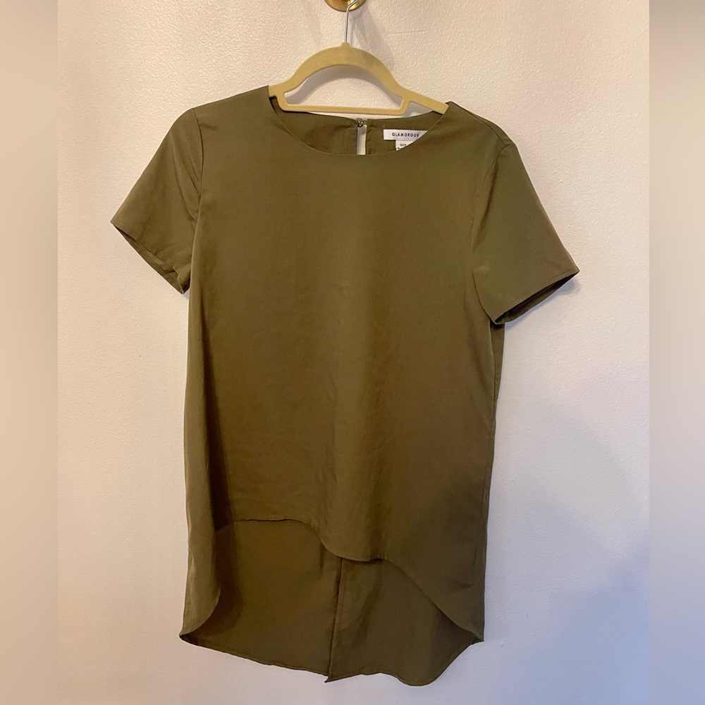 Glamorous Olive Green Short Sleeve Shirt With Open Back Slit